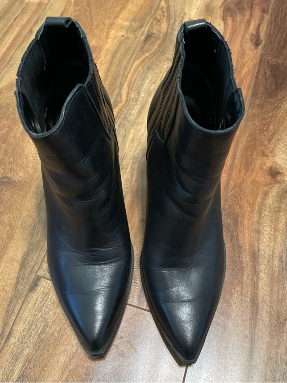 Marc Fisher Black Pointed Leather Ankle Booties with Elastic Side Panels